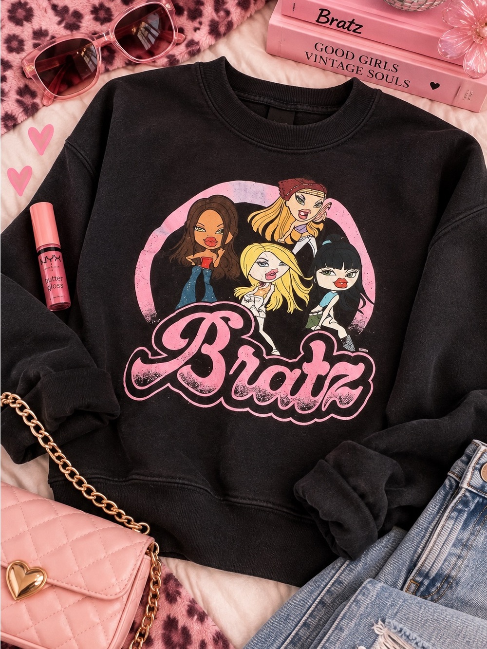 Bratz Graphic Crewneck Sweatshirt Large Black Y2K Fleece Pullover MGA Licensed